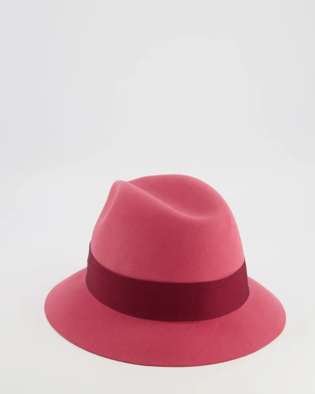 Loro Piana Hot Pink Baby Cashfelt Hat with Burgundy Ribbon and Champagne Gold Logo Detail Size S in Burgundy Cashmere from Sellier, photo 5 of 10
