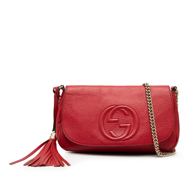 Red Gucci Medium Leather Soho Chain Flap Crossbody in Red Leather from Designer Revival