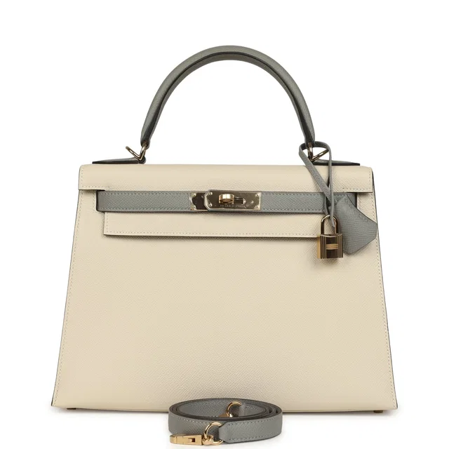 Hermès Special Order (HSS) Kelly Sellier 28 Craie, Gris Mouette Epsom Permabrass Hardware in White Epsom leather from Madison Avenue Couture