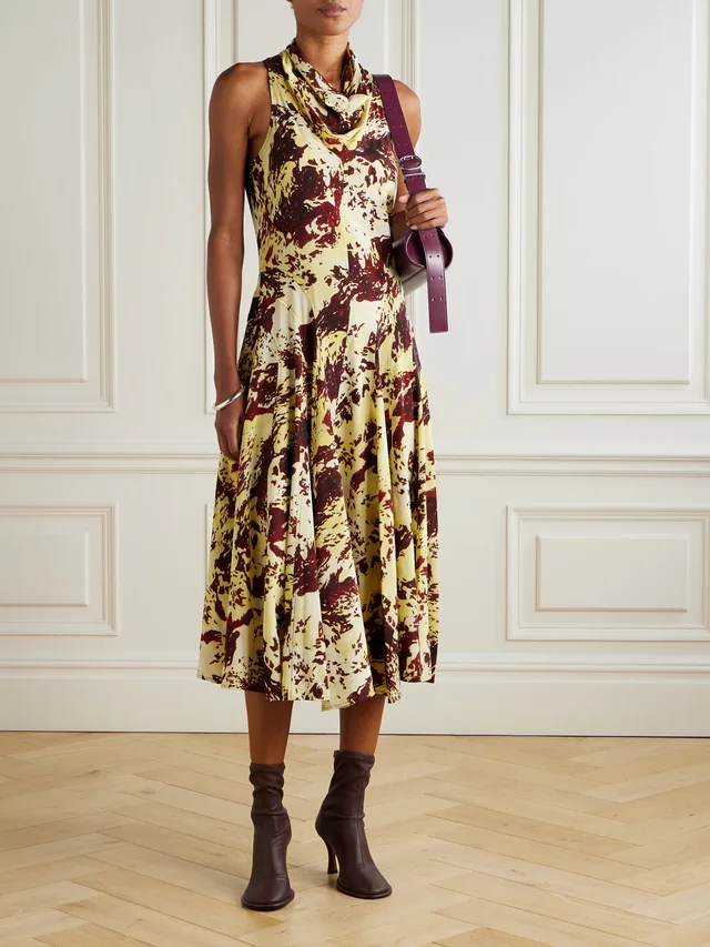 PROENZA SCHOULER Adelide draped paneled printed crepe midi dress in Brown, photo 2 of 2 from NET-A-PORTER (Canada)
