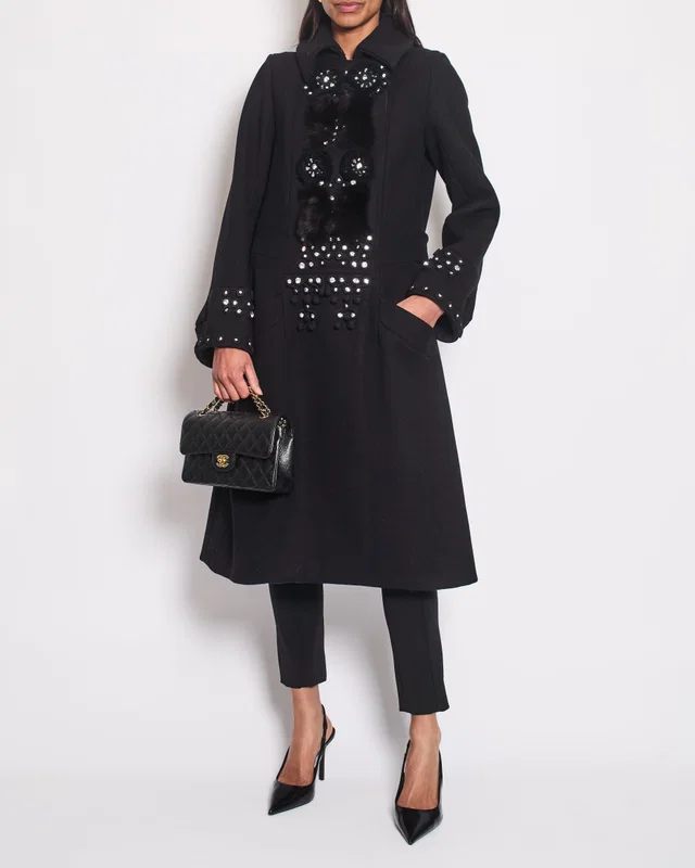 Chloé Black Double Breasted Coat with Embellished Embroidery Detail Size FR 38 (UK 10) in Black Wool from Sellier