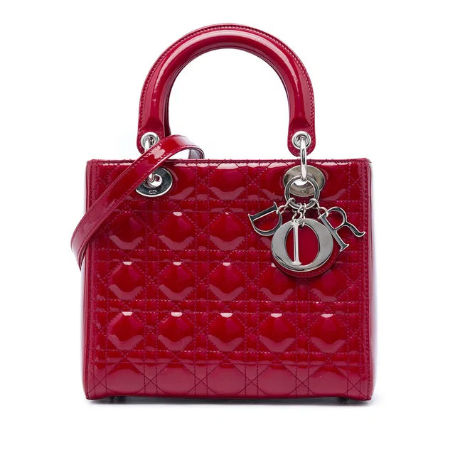 Red Dior Medium Patent Cannage Lady Dior Satchel in Red Patent leather from Designer Revival