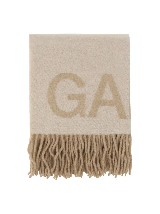GANNI Logo-Embroidered Wool Scarf — Beige Scarfs in Beige Wool from HEWI