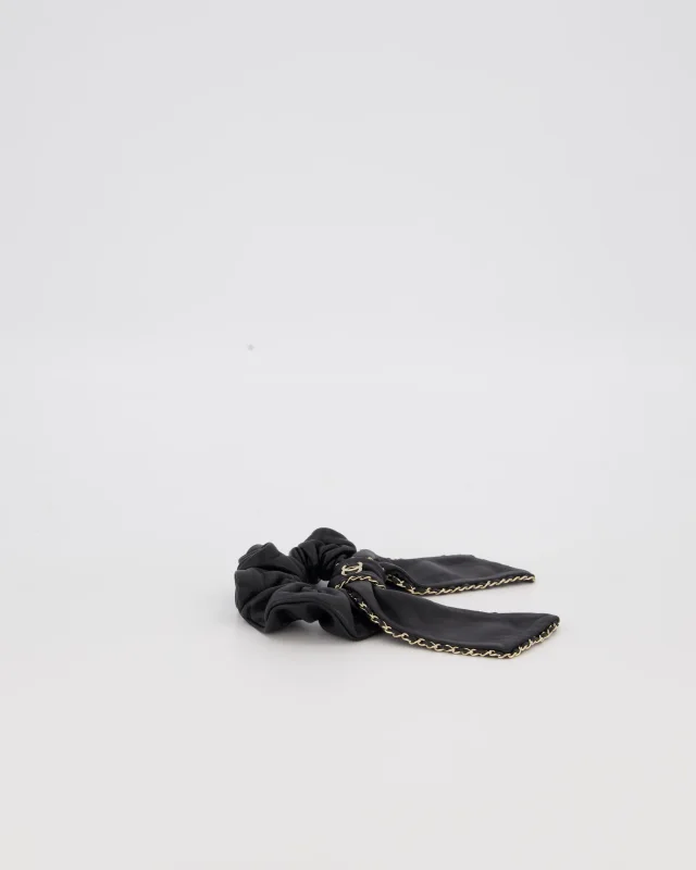 Chanel Bow Leather Hair Scrunchie with Chain Trim Detail in Black Leather from Sellier, photo 3 of 7