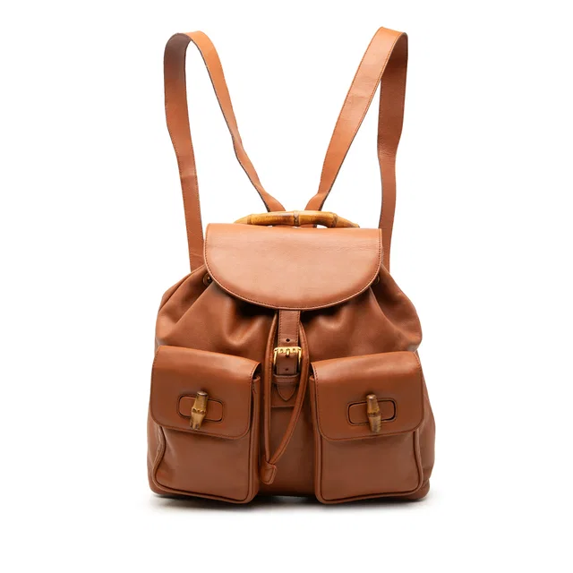 Brown Gucci Large Calfskin Bamboo Drawstring Backpack in Brown Calfskin from Designer Revival