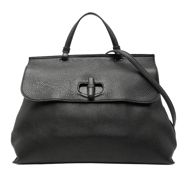 Black Gucci Large Leather Bamboo Daily Satchel in Black Leather from Designer Revival