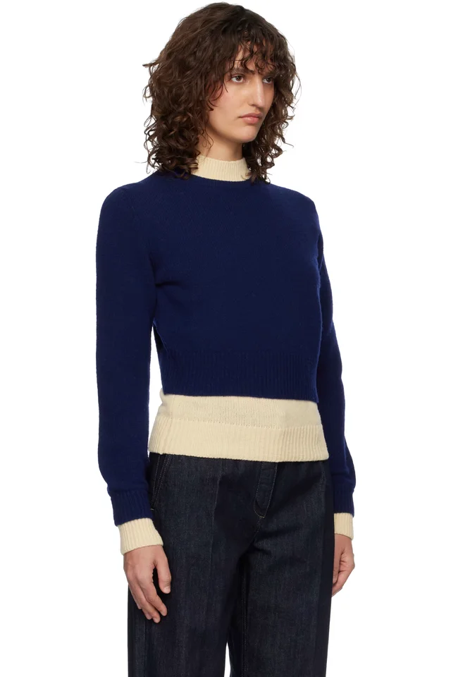 Jil Sander Blue & Off-White Wool Mock-Neck Sweater, photo 2 of 4 from SSENSE