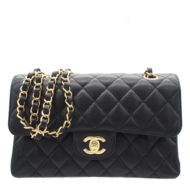 Chanel Classic Black Gold Caviar Leather Quilted 23 Double Flap Chain Shoulder in Black Caviar leather from The Reluxe