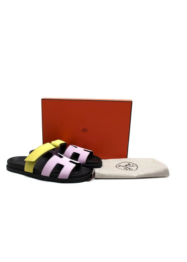 Hermès Violet Petale and Vert Lime Satin Chypre Sandals in Green Satin from HEWI