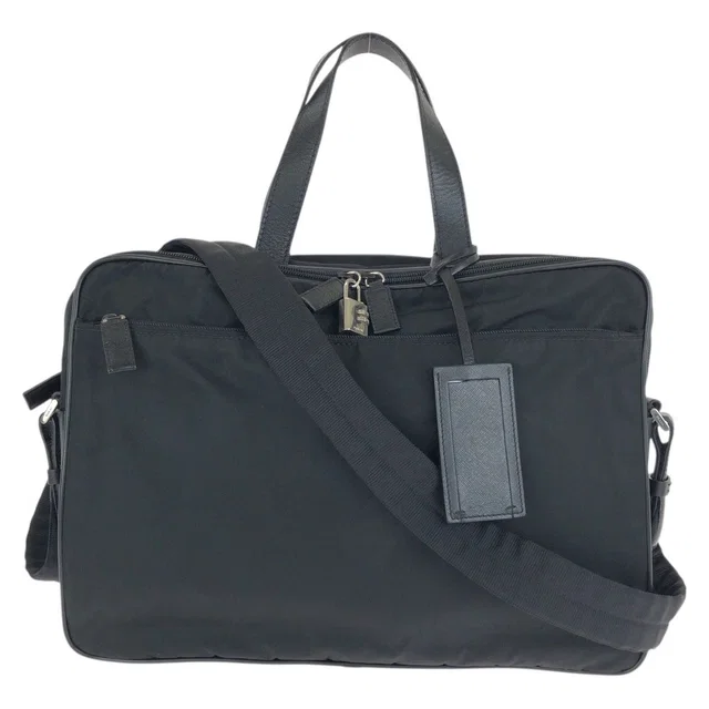Prada Tessuto Saffiano 2-Way Black Silver Nylon Leather Business Bag in Black Saffiano leather from The Reluxe