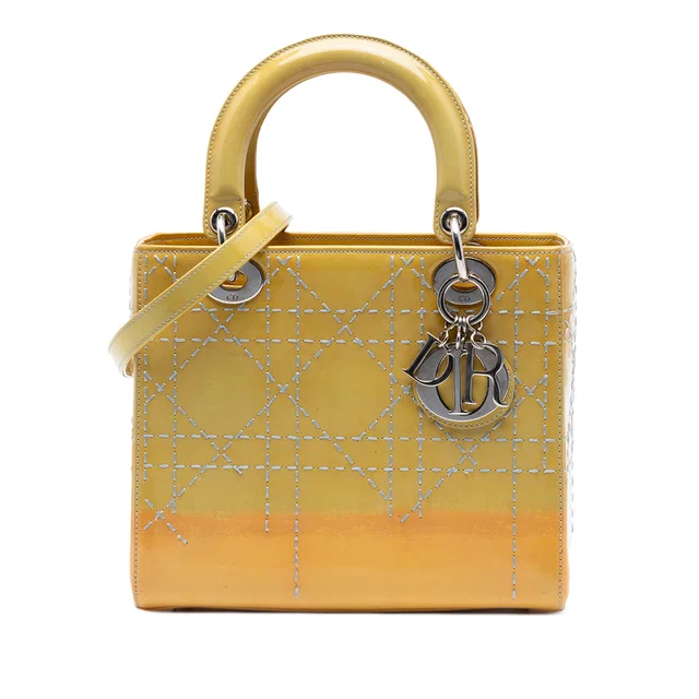 Yellow Dior Medium Ombre Patent Cannage Lady Dior Satchel in Yellow Patent leather from Designer Revival