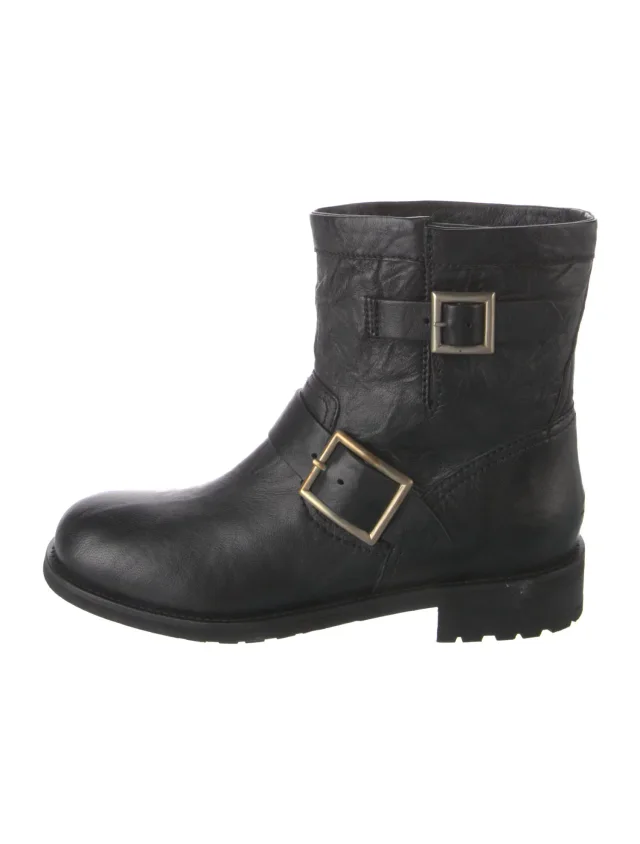 Jimmy Choo Leather Moto Boots in black Leather from The RealReal