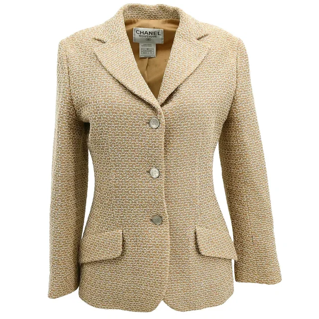 Chanel 1998 Single Breasted Jacket Beige #38 in Beige Nylon from AMORE Vintage Tokyo