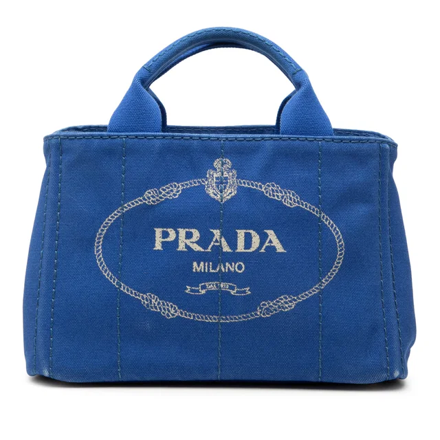 Blue Prada Small Canvas Canapa Logo Satchel in Blue Canvas from Designer Revival