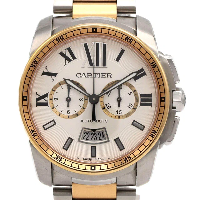 Calibre de Cartier Chronograph Stainless Steel Pink Gold Watch in Pink from LuxUness