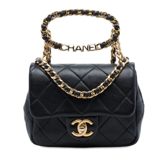Black Chanel Mini Quilted Lambskin Oval Logo Chain Top Handle Flap Crossbody Bag in Black Lambskin from Designer Revival