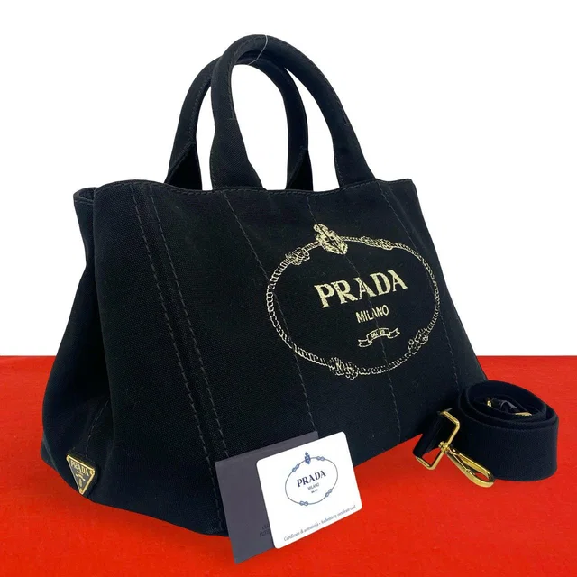 Prada Canapa Triangle Logo Canvas 2-Way Shoulder Bag Tote Black with Card in Black Canvas from The Reluxe