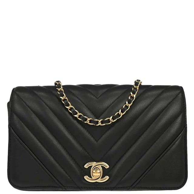 Chanel 2017-2018 Black Lambskin Chevron Turnlock Mini Full Flap Shoulder Bag in Black Lambskin from AMORE Vintage Tokyo