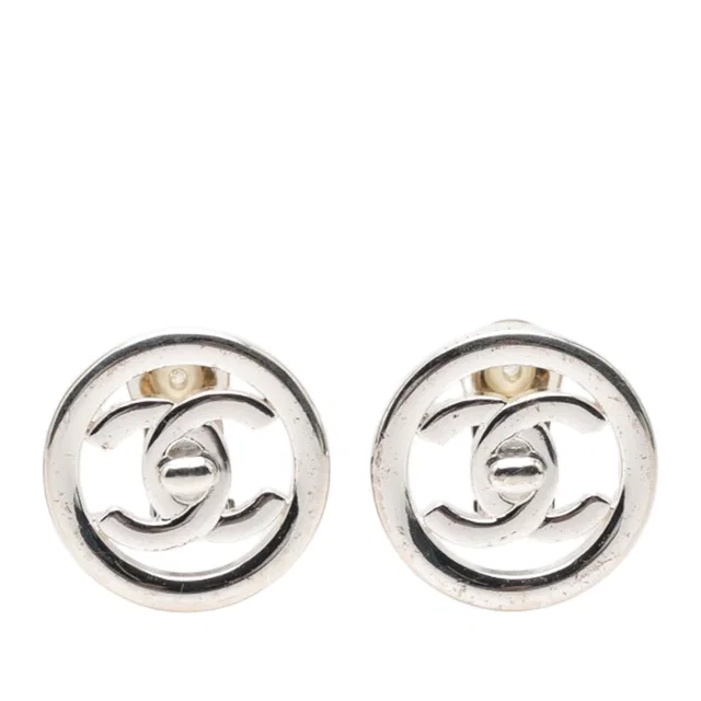 Silver Chanel CC Brass Turnlock Round Clip On Earrings in Silver from Designer Revival
