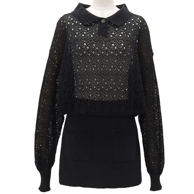 Chanel CC mark button lace knit dress #36 Black in Black from VINTAGE QOO TOKYO