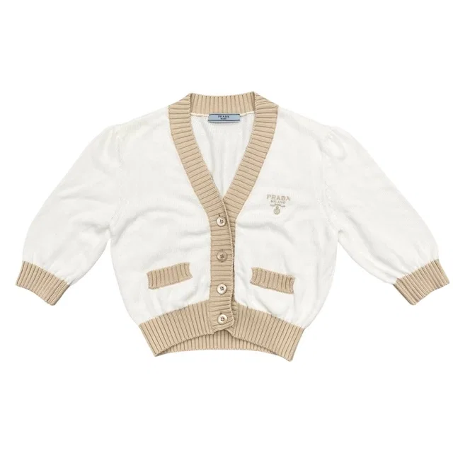 Prada Cardigan Cropped Length 36 Cotton Logo White Beige in White from The Reluxe