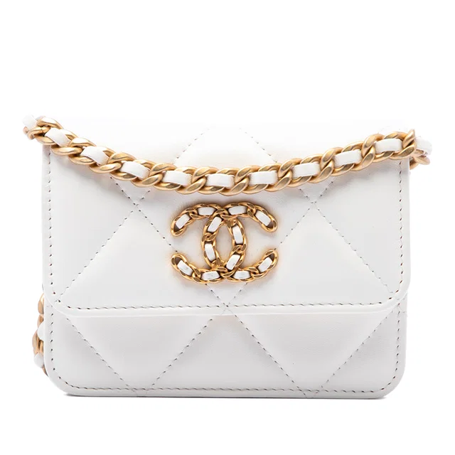 White Chanel Quilted Lambskin 19 Flap Coin Purse With Chain Crossbody Bag in White Lambskin from Designer Revival