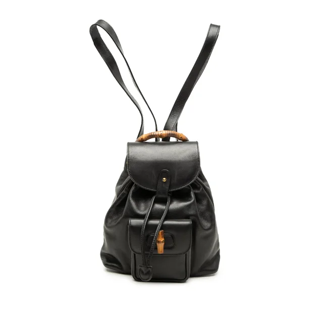 Black Gucci Calfskin Bamboo Drawstring Backpack in Black Calfskin from Designer Revival, photo 1 of 1