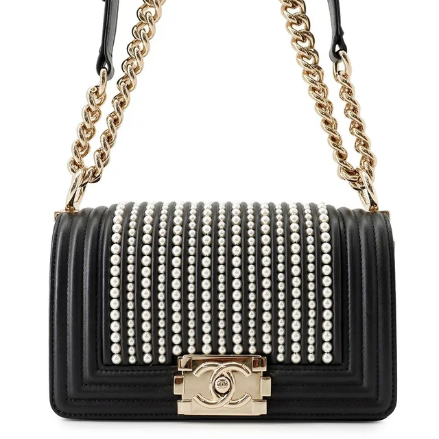 Chanel Chain Shoulder Bag Boy Small Quilted CC Logo Faux Pearl Leather Black in Black Leather from The Reluxe