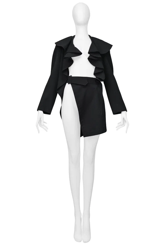 Comme des Garçons Black Ruffle Jacket With Attached Belt & Front Panel in Black Velvet from Resurrection Vintage