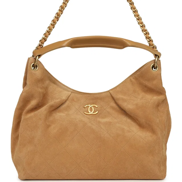 Chanel Maxi Hobo Bag Beige Suede Antique Gold Hardware in Beige Suede from Madison Avenue Couture
