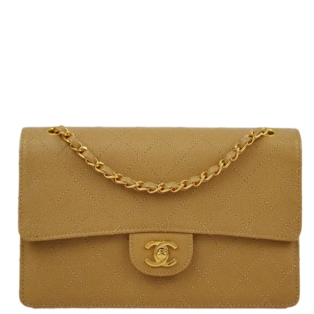 Chanel 1997-1999 Beige Caviar Classic Single Flap Shoulder Bag in Beige Caviar leather from AMORE Vintage Tokyo