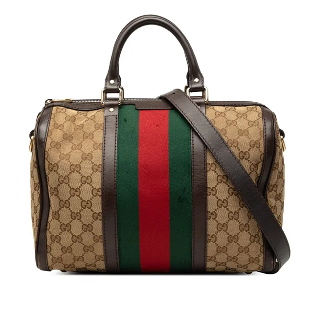 Beige Gucci Medium GG Canvas Web Joy Boston Bag Satchel in Beige Canvas from Designer Revival