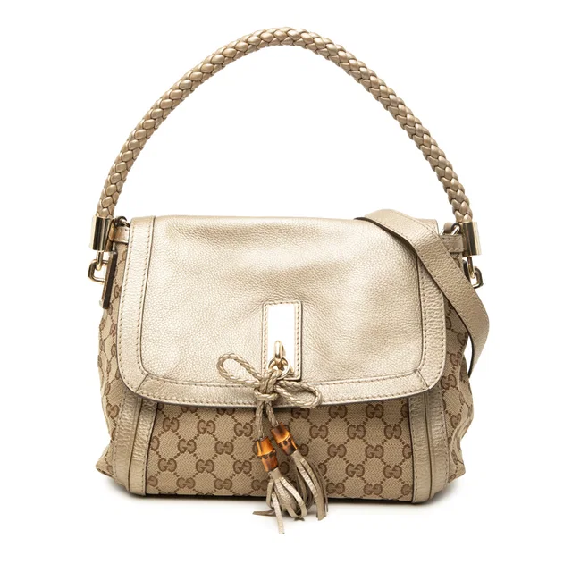 Gold Gucci GG Canvas Bella Flap Satchel in Gold Canvas from Designer Revival