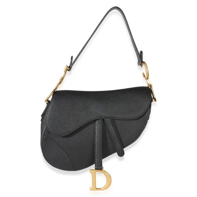 Dior Black Grained Calfskin Medium Saddle Bag in Black Caviar leather from myGemma