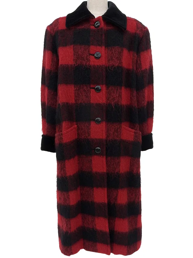 Saint Laurent Check Pattern Long Coat #9 Red/Black in Black Nylon from VINTAGE QOO TOKYO