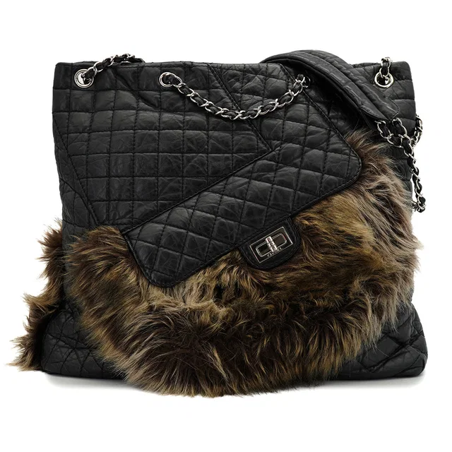 Chanel 2.55 Faux Fur Chain Hand Shoulder Bag Black Leather Silver Hardware in Black Leather from Luxury Promise