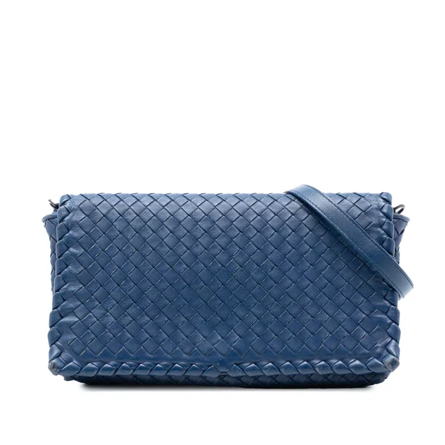 Blue Bottega Veneta Nappa Intrecciato Flap Crossbody in Blue Nappa leather from Designer Revival