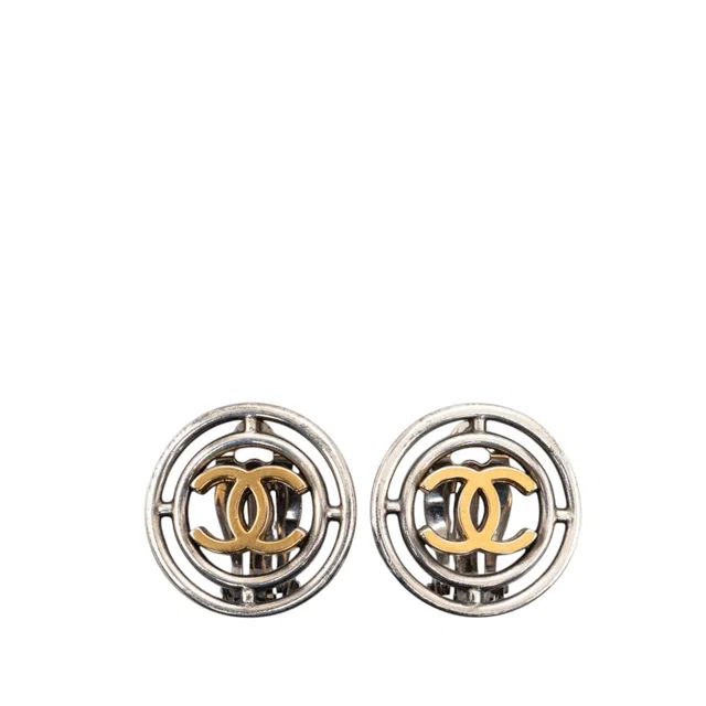 Silver Chanel CC Brass Round Wheel Clip On Earrings in Silver from Designer Revival