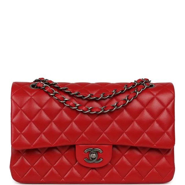 Chanel Medium Classic Double Flap Bag Red Lambskin Aged Ruthenium Hardware in Red Lambskin from Madison Avenue Couture
