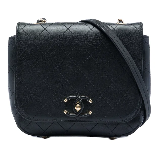 Black Chanel Small Stitched Calfskin Covered CC Flap Crossbody Bag in Black Calfskin from Designer Revival