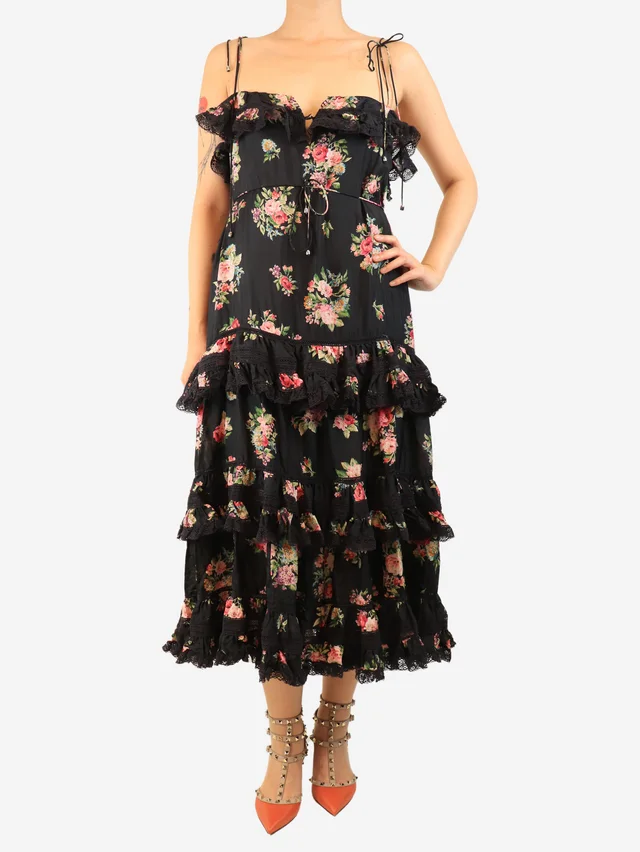 Zimmermann Black floral tiered sundress - size UK 10 in Black Silk from Sign of the Times