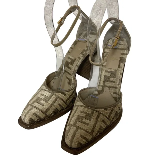 Fendi Chenille Jacquard FF Cut Ankle Strap Pumps Beige Heels in Beige from The Reluxe