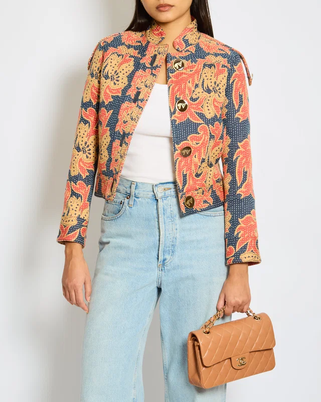 Valentino Garavani Navy, Coral Tan Caban In Apres L'Hiver Quilted Floral Jacquard Jacket Size IT 36 (UK 4) in Brown from Sellier