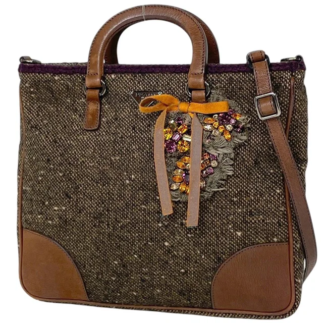 Prada Handbag 2-Way Rhinestone Fabric Brown in Brown Leather from The Reluxe