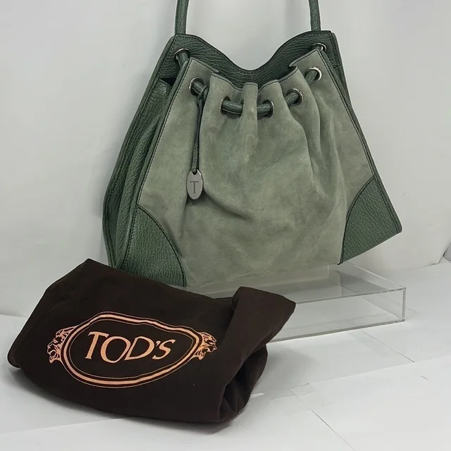 Tod's Suede And Pebbled Leather Flat Back Shoulder Bag in green|gray Suede from Poshmark