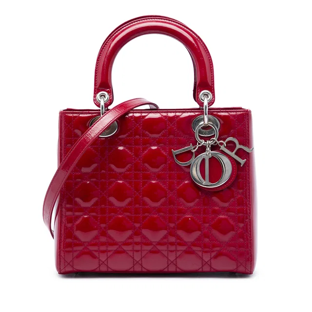 Red Dior Medium Patent Cannage Lady Dior Satchel in Red Patent leather from Designer Revival