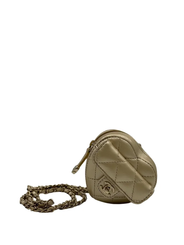 LONDON LOCATED* CHANEL MINI HEART NECKLACE Gold Lambskin Leather with Champagne-Toned Metal in Gold Lambskin from Luxury Promise, photo 2 of 9