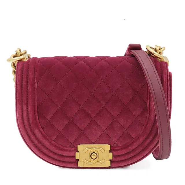 Chanel Chain Shoulder Bag Boy Wine Red Gold Velvet in Burgundy Velvet from The Reluxe
