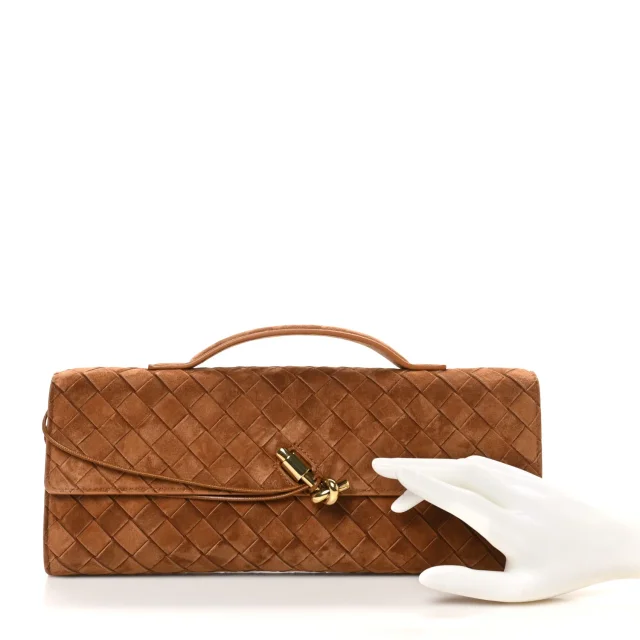 Bottega Veneta Intrecciato Long Andiamo Top Handle Clutch Amber in Suede from FASHIONPHILE, photo 2 of 8