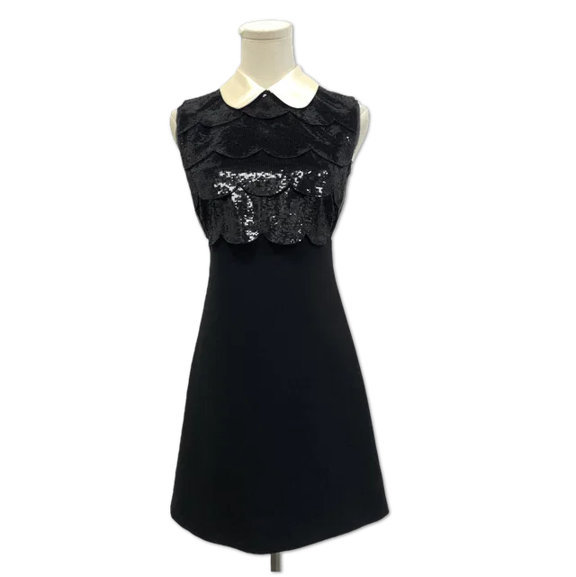 Miu Miu Black Sequined Scalloped White-Collar Mini Dress size 36 in Black from Luxury Promise